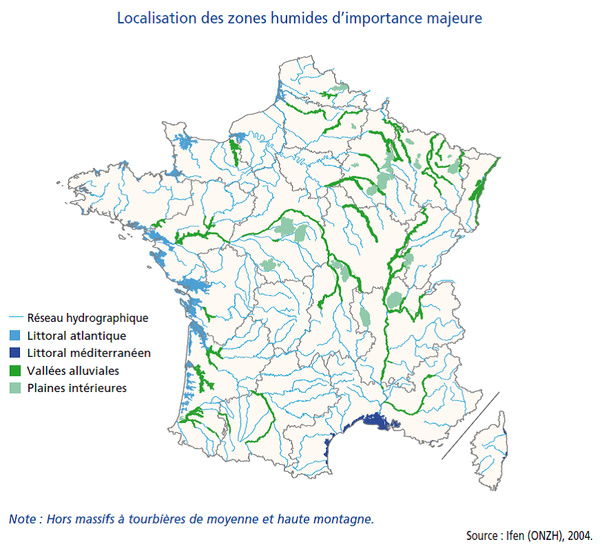 Localisation des zones humides d'importance majeure en France en 2004